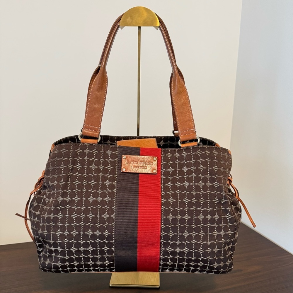 🩷2 for $40-Kate Spade New York Brown Monogram Tote Bag Leather Trim Large
